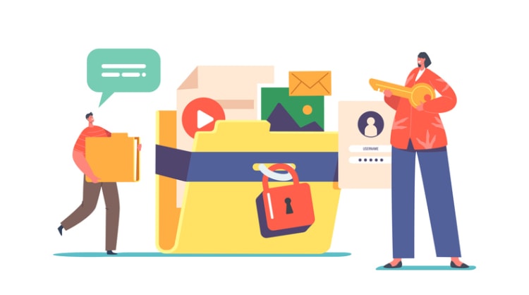 Two people securing a large folder with a padlock and key, surrounded by media icons, symbolizing encrypted and protected screen recordings.