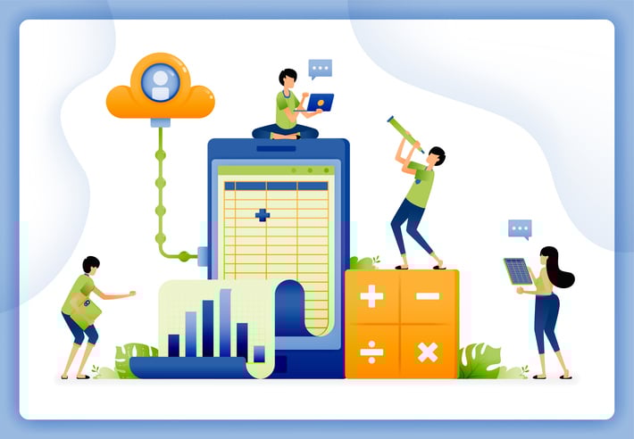 Illustration of professionals collaborating around a giant clipboard with spreadsheets, charts, and cloud connection, symbolizing the use of third-party tools to merge Excel files, analyze data, and streamline business workflows.