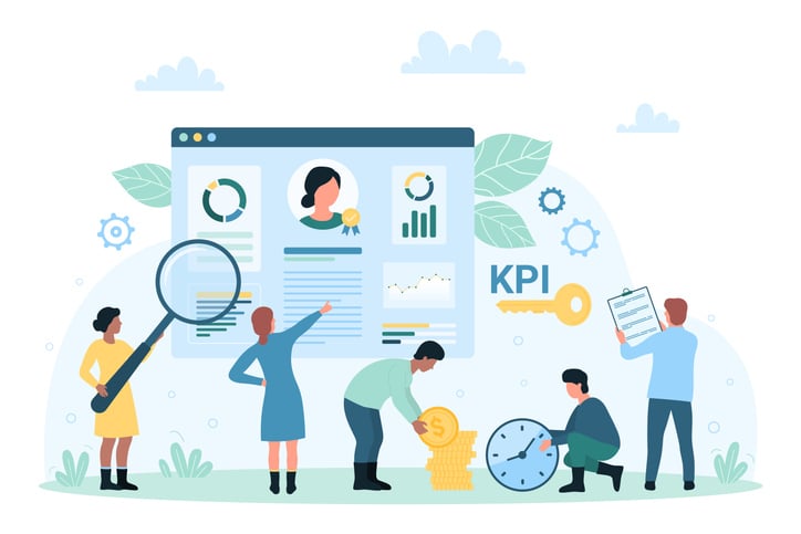 Illustration of professionals analyzing digital performance dashboard with charts, stopwatch, coins, and KPI icon—symbolizing key performance indicators used to measure business success, efficiency, and employee impact.