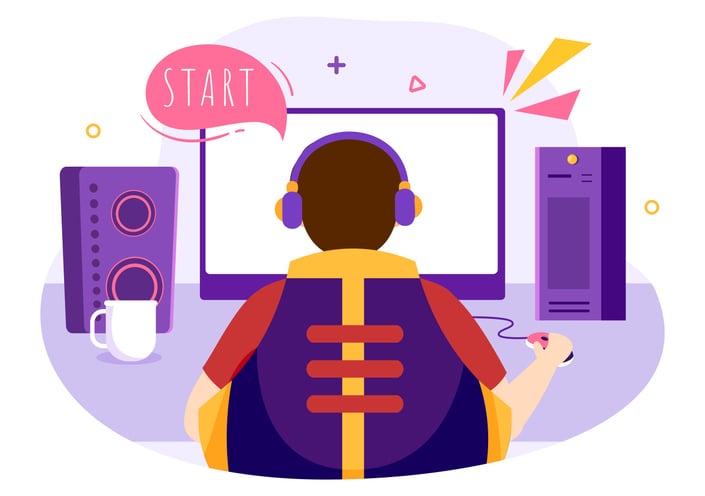 Illustration of gamer at desk with headphones, colorful desktop setup, and 'START' prompt on screen, symbolizing how to play Spacebar Clicker through rapid key pressing, score tracking, and interactive gameplay.