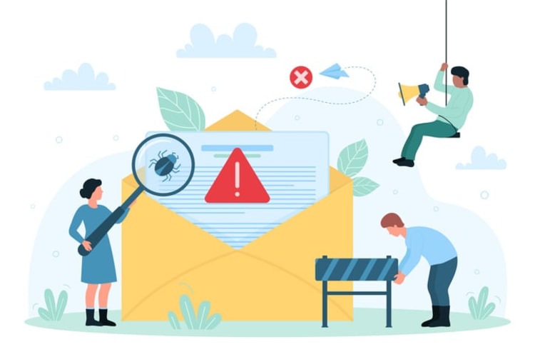 Illustration of email threat detection with warning symbols and magnifying glass, representing common tactics used in Business Email Compromise (BEC) attacks.