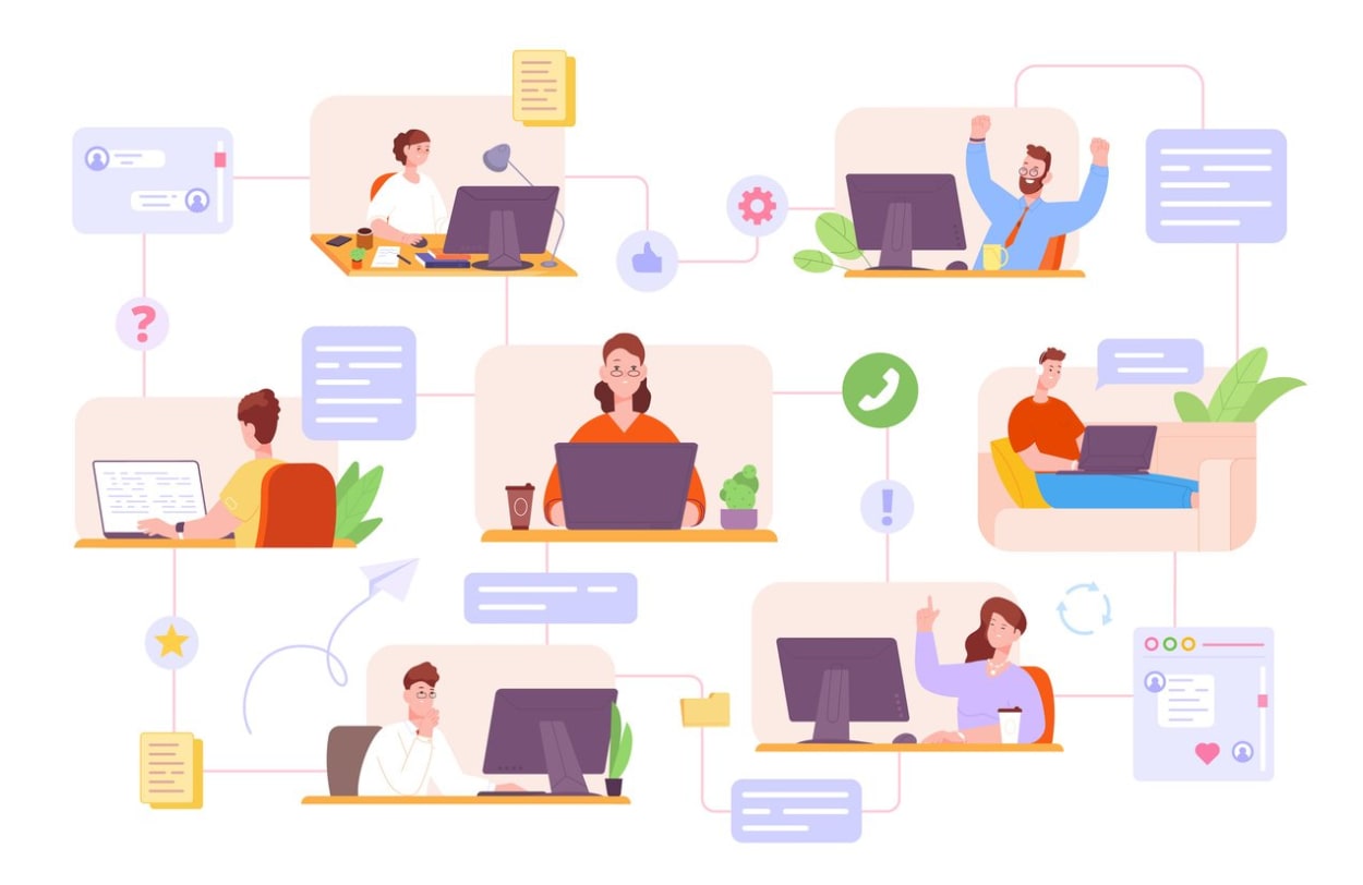 Illustration of diverse individuals working remotely across laptops and desktops, connected by communication icons and speech bubbles