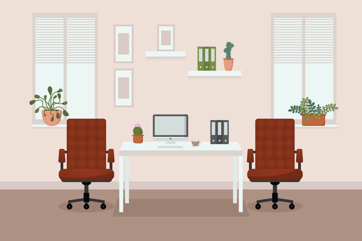Illustration of serene workspace with balanced decor, natural light, and indoor plants—symbolizing Feng Shui principles of harmony, energy flow, and spatial alignment.