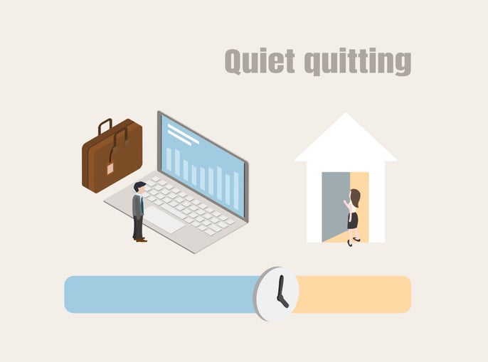Illustration of a person transitioning from work to home, with laptop, briefcase, and clock—symbolizing the concept of quiet quitting as a shift toward work-life balance and doing only required job duties.