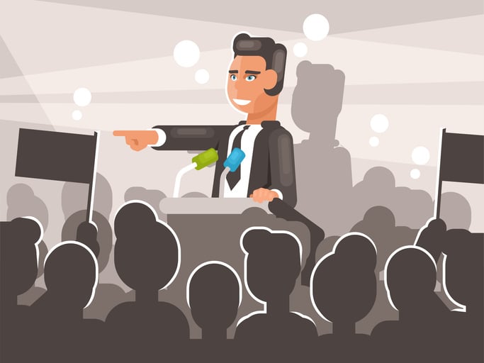 Cartoon-style illustration of a speaker at a podium addressing a crowd.