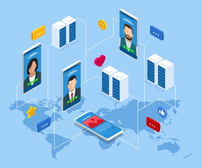 Illustration of smartphones connected globally with servers and chat icons, representing Google Meet’s time limits for free accounts and the impact of data usage, infrastructure, and monetization strategies.