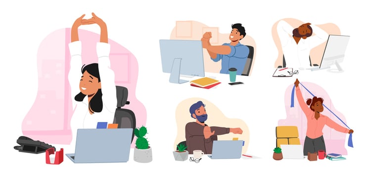 Office workers performing desk stretches in a modern workspace, highlighting the importance of ergonomics, posture, and physical wellness in office chair design.