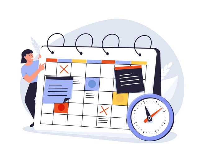 Illustration of person organizing a calendar with sticky notes and a clock nearby.