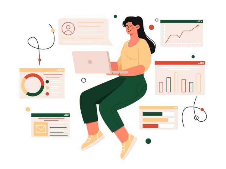 Woman working on laptop surrounded by charts and data visuals, representing digital activity monitoring and user behavior analysis.