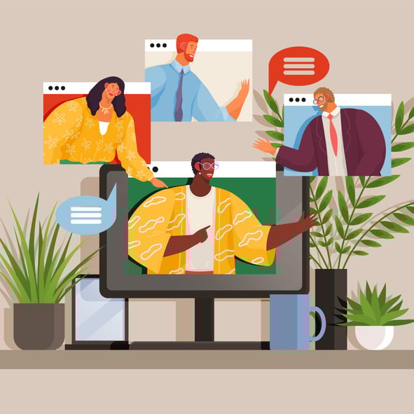 Virtual team meeting with diverse participants in video chat windows, representing remote and distributed standup meetings for agile collaboration and daily progress updates.