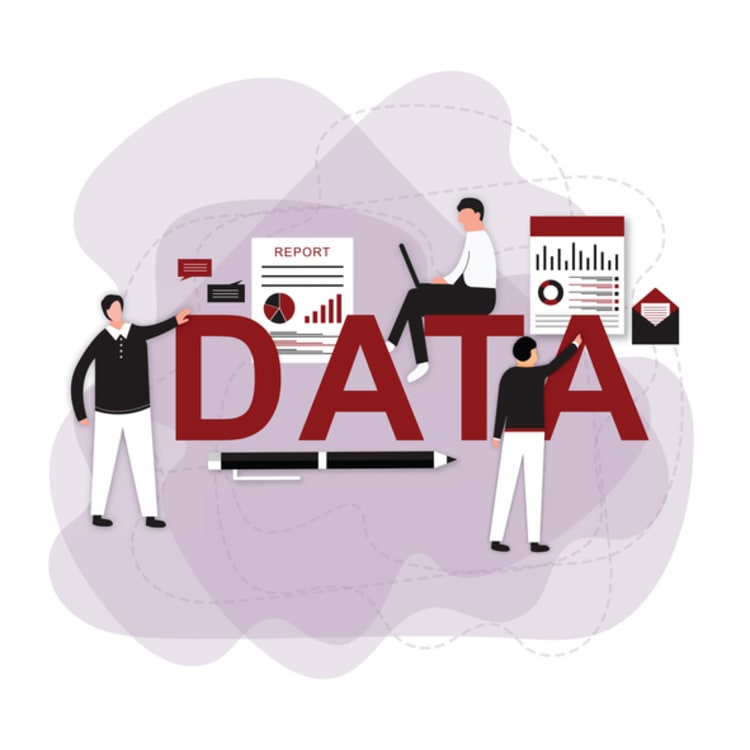 Three people interacting with charts, reports, and the word “DATA,” representing different types of behavioral data.