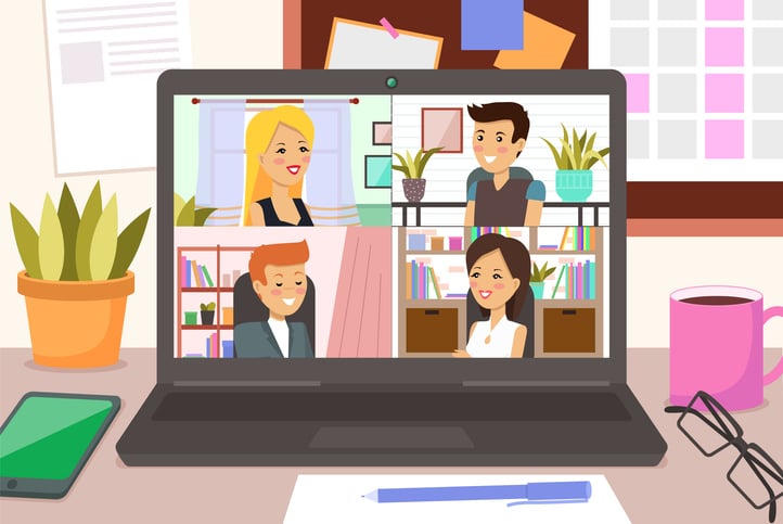 Illustration of virtual meeting on laptop with four participants in separate video frames, surrounded by desk items like coffee, smartphone, and calendar.