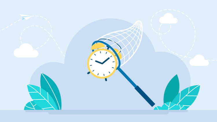 Illustration of a clock being caught in a butterfly net