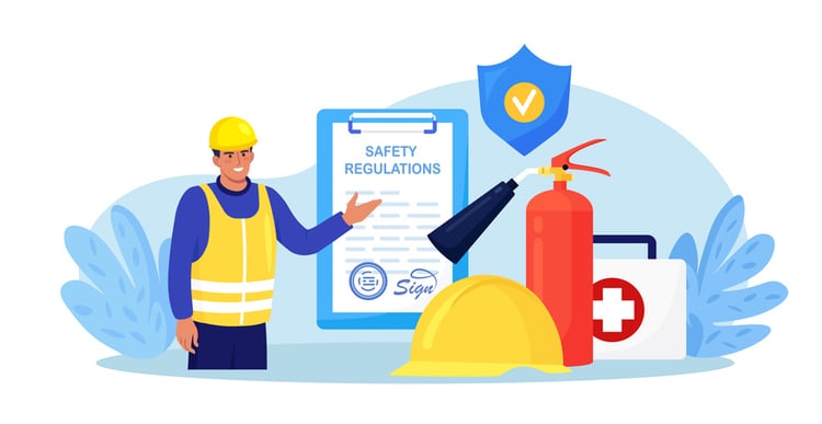 Illustration of a construction worker standing beside a clipboard labeled "Safety Regulations," surrounded by safety equipment like a fire extinguisher, helmet, and first aid kit, representing the importance of safety operating procedures in workplace environments.