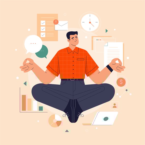 Illustration of a calm professional meditating amid floating productivity icons.