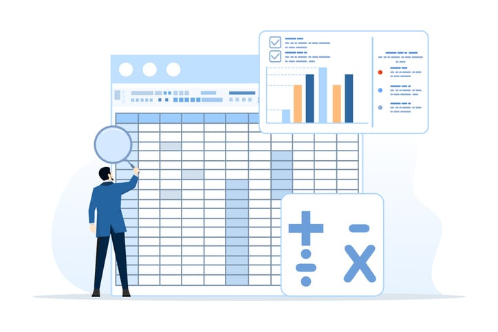 Illustration of professional analyzing large spreadsheet with magnifying glass, surrounded by charts, checklists, and calculator icons, symbolizing automating data management and merging Excel files with VBA macros.