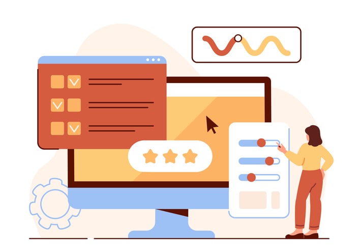 Illustration of a user interacting with digital interface elements like sliders, charts, and rating stars.