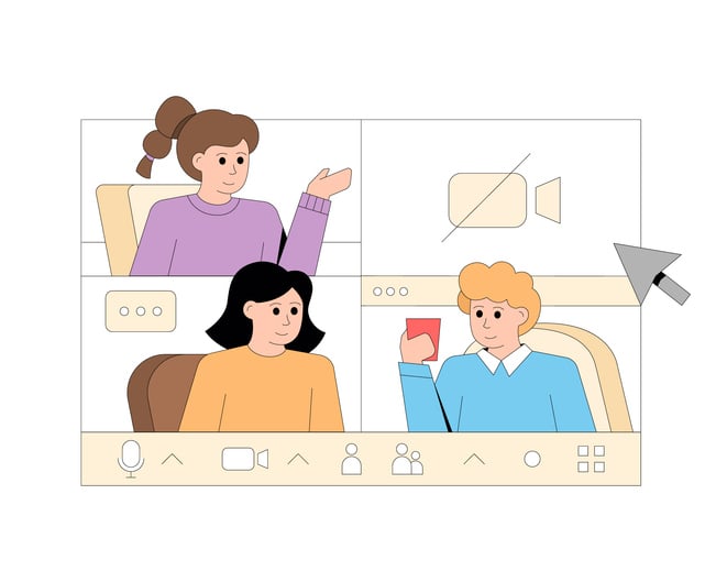 Illustration of video conferencing interface with multiple participants, call controls, and a visible cursor arrow, representing the experience of joining a Google Meet session for remote collaboration.