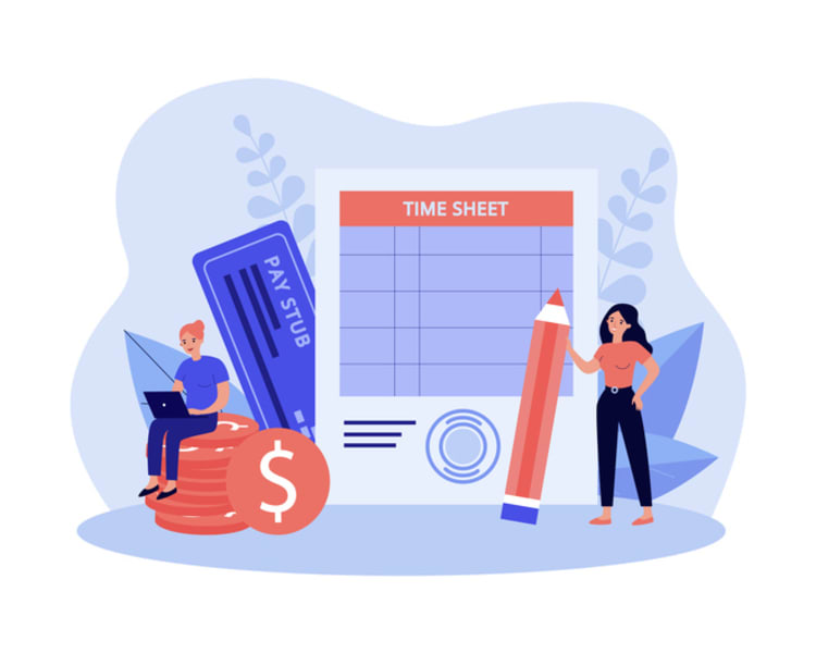 People managing a timesheet and pay stub with coins and dollar sign, illustrating accurate time tracking for payroll efficiency.