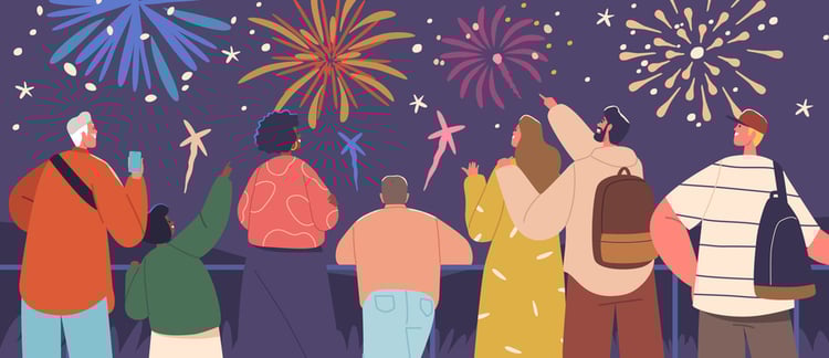Illustration of people watching fireworks at night.