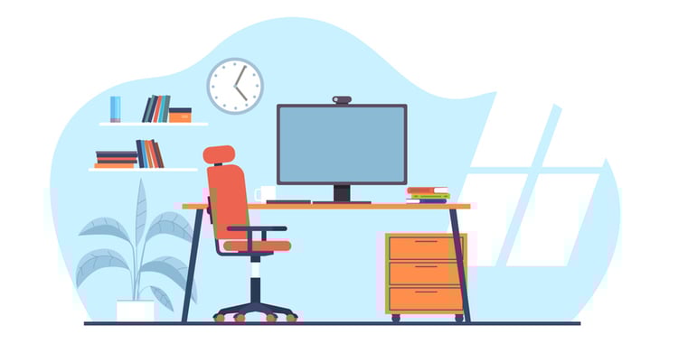 Modern home office setup with ergonomic accessories including an adjustable orange chair, organized desk, computer monitor, and natural lighting, promoting comfort and productivity.