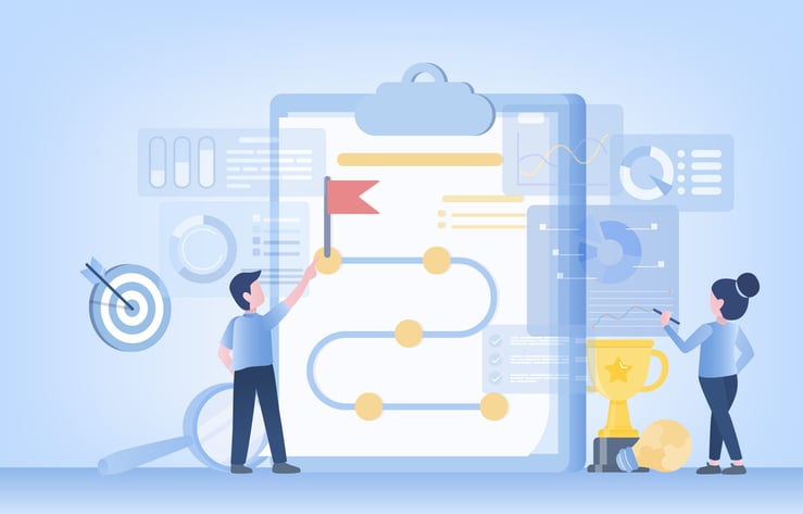 Illustration of two professionals analyzing a flowchart with milestones, red flag, and trophy icons