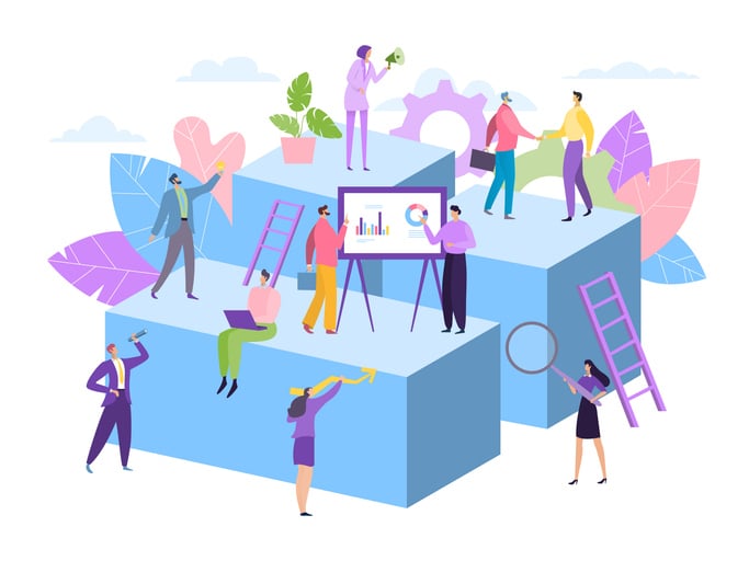 Illustration of professionals collaborating across platforms with laptops, charts, and tools.