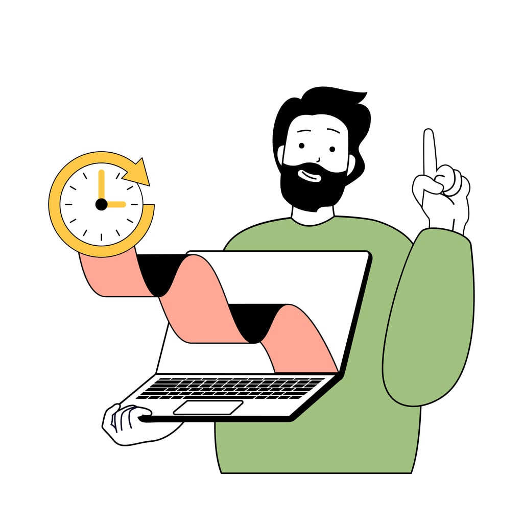 Illustration of a remote employee using a time tracking app on a laptop and phone.