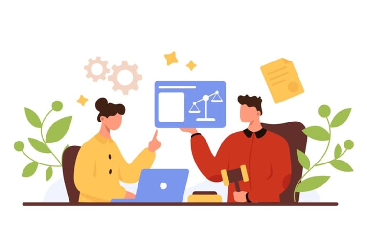 Illustration of two professionals discussing legal compliance with justice scale icon, certificate, and gears, representing legal considerations in user activity monitoring