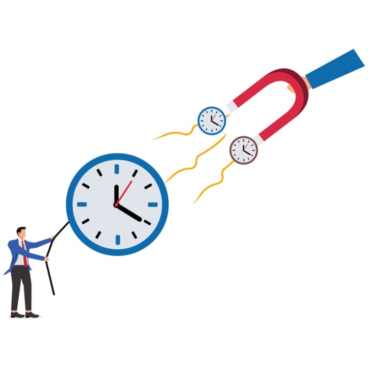 Businessperson holding a clock while resisting a magnet pulling smaller clocks, symbolizing legal implications of time theft and control over work hours.