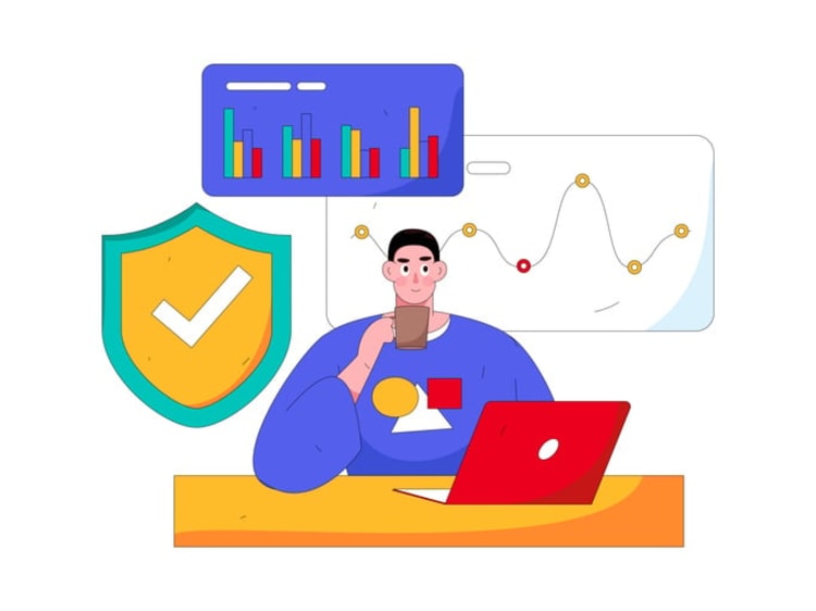 Illustration of person working on a laptop with security shield icon and colorful data charts, representing user behavior analytics and cybersecurity monitoring.