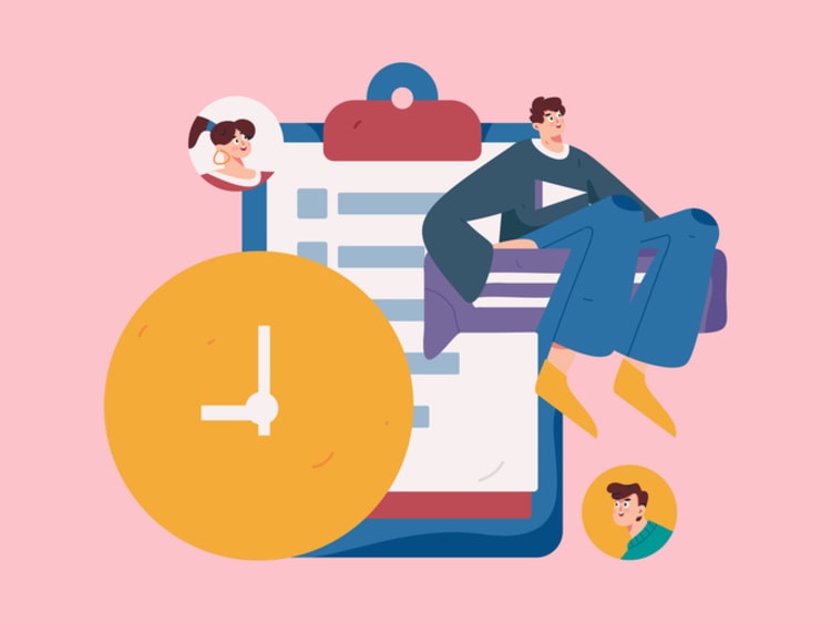 Illustration of a clipboard with a document, a large clock, and cartoon-style characters, symbolizing customization of time card calculators for personalized scheduling and time tracking.