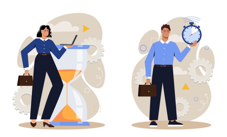 Two professionals with stopwatch and hourglass representing time tracking app comparison.