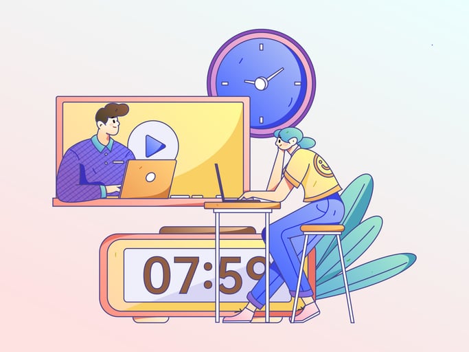 Illustration of virtual meeting setup with digital clock showing 07:59, emphasizing time restrictions in Google Meet free accounts