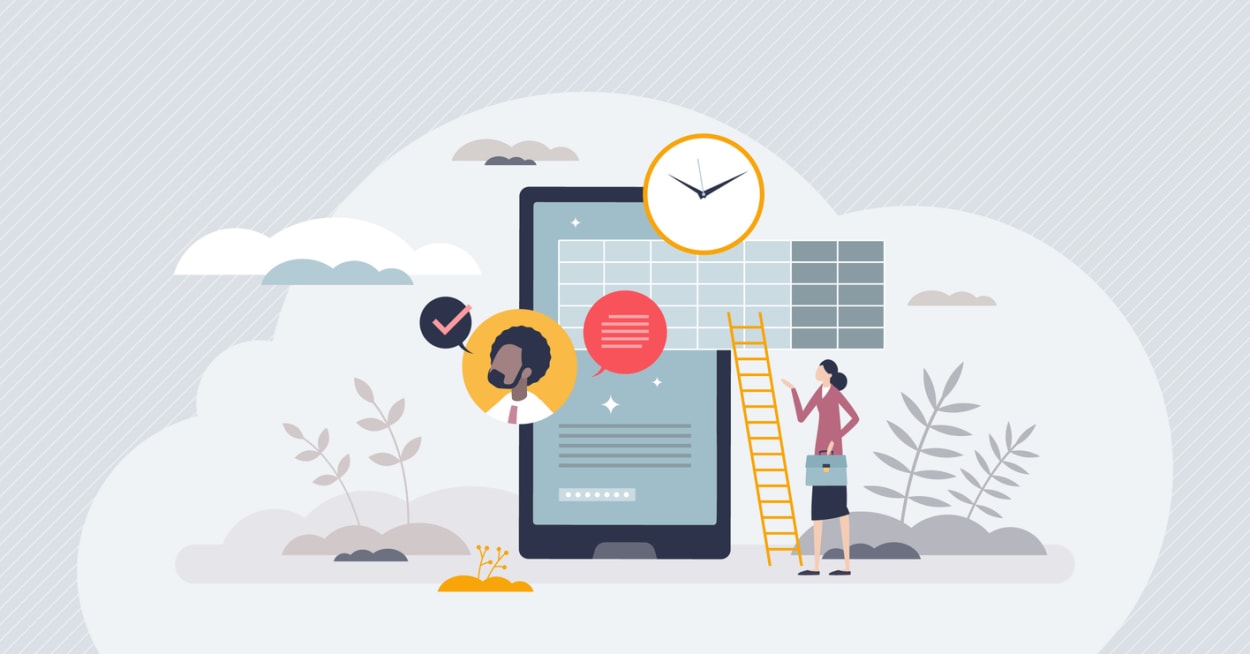 Person organizing tasks on a digital grid with clock and profile icons, illustrating timesheet software for tracking and payroll management.