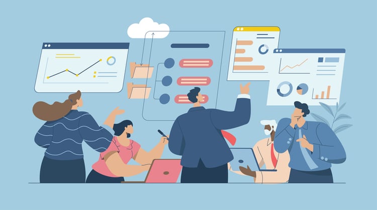 Illustration of six team members collaborating with laptops and digital elements like charts, graphs, and task lists.