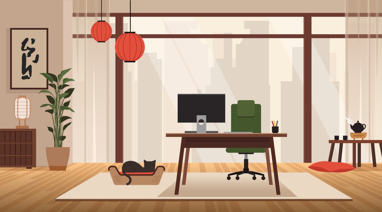 llustration of Asian-inspired home office with natural light, wooden desk, potted plants, and cultural decor.