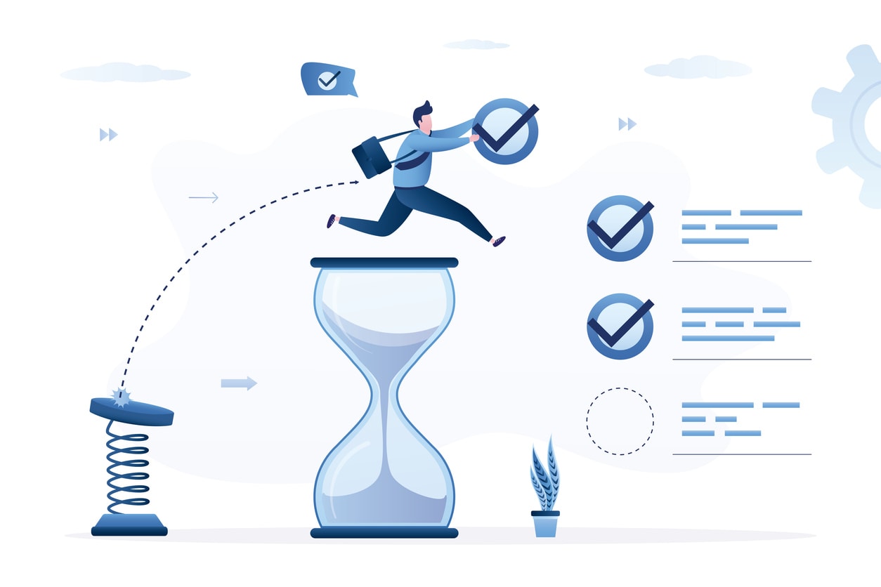 Person leaping onto hourglass with checkmarks and gear icons, symbolizing work timers, task stopwatches, and time management for productivity.