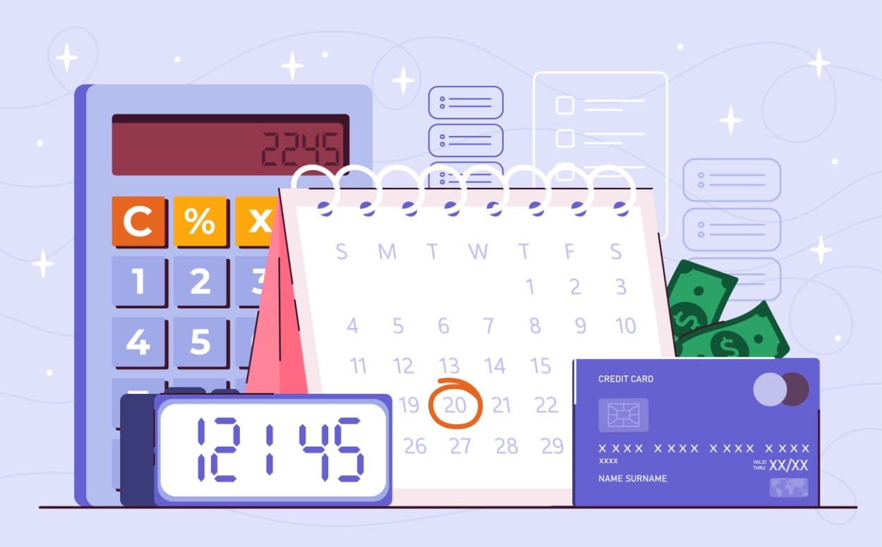 Illustration featuring calculator, calendar, clock, credit card, and dollar bills.