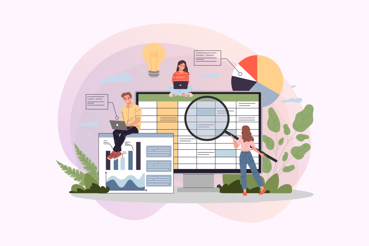 Illustration of team analyzing large computer monitor with spreadsheets, charts, and graphs, symbolizing merging Excel files for streamlined data management, collaboration, and efficient business insights.