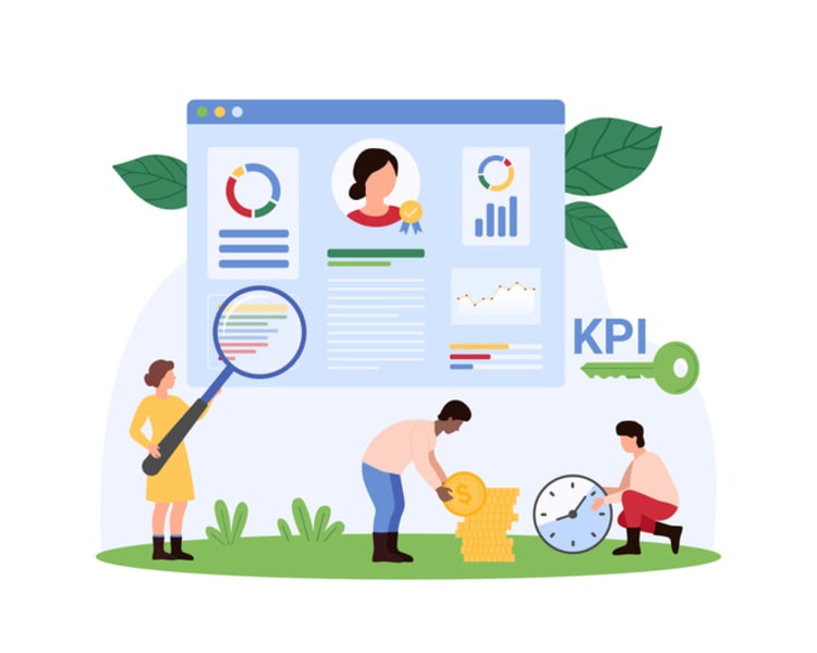 Illustration of team analyzing employee profile with charts, coins, and KPI indicators, representing productivity tracking and performance evaluation.