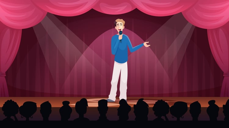 Cartoon-style illustration of a stand-up comedian performing on stage with a microphone, symbolizing the use of humor to engage audiences during speeches.