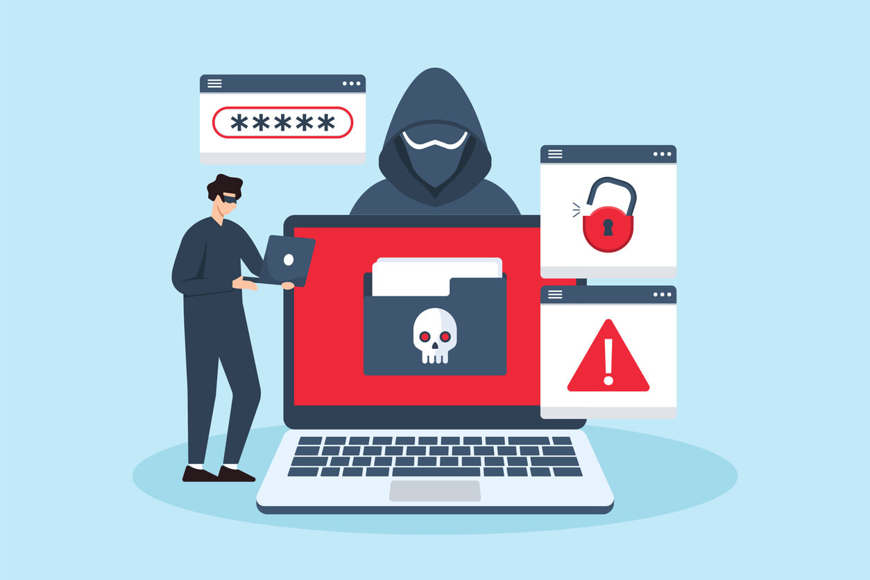 Flat illustration of hacker bypassing security measures ransomware prevention and cybersecurity defense stock illustration