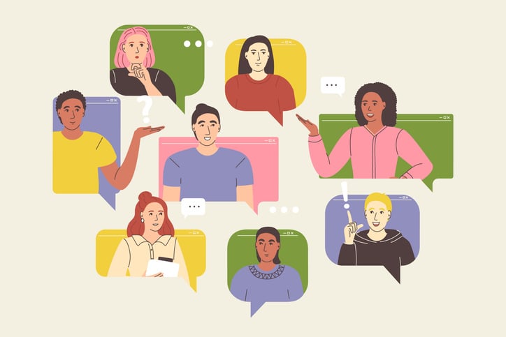 Illustration of diverse individuals in video call windows with speech bubbles and punctuation marks, representing how video calls enhance communication, engagement, and collaboration in remote work and digital environments.