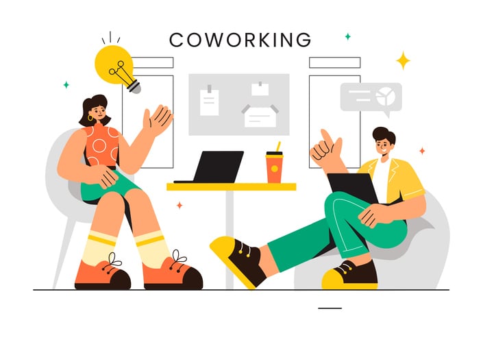 Illustration of two professionals collaborating at a shared table with laptops, charts, and idea icons.