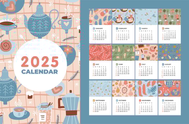 Decorative 2025 calendar with seasonal illustrations and marked holiday dates.