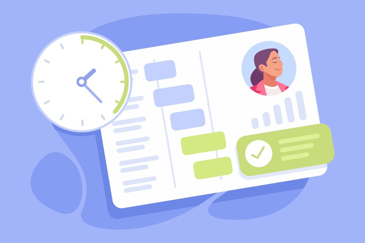 Resume-style document and clock icon, symbolizing automated attendance tracking and employee time management.