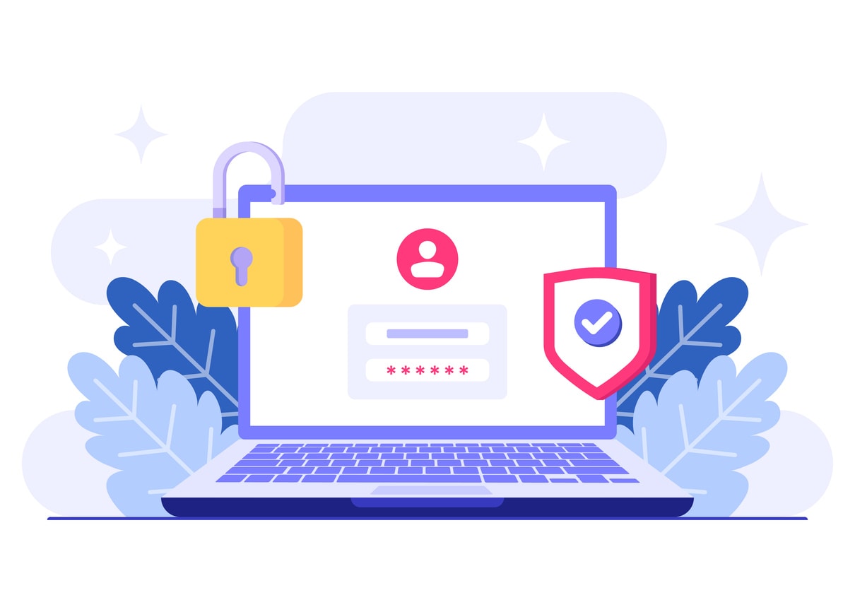 Laptop login screen with password field and security icons, representing keystroke logging, authentication, and employee monitoring technology.