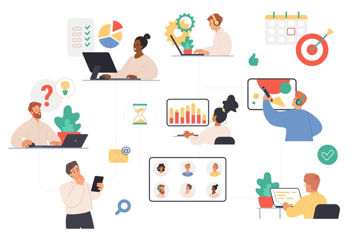 Illustration of professionals collaborating across devices with charts, calendars, and communication icons.