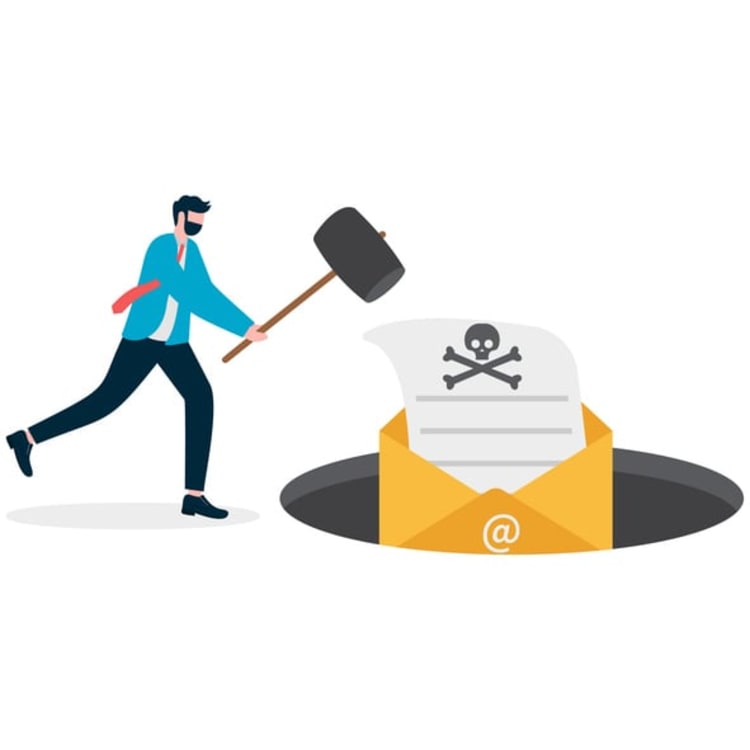 Person with hammer confronting malicious email with skull icon, symbolizing protection against Business Email Compromise (BEC) attacks and phishing threats.